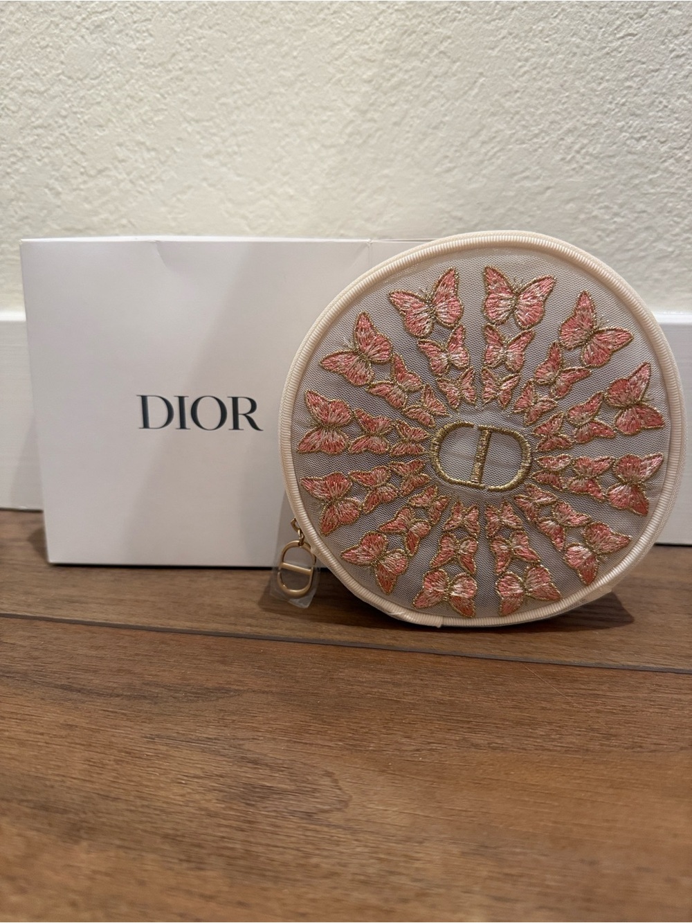 Dior Cream Round Mesh 🦋 Pouch with Gold CD Zip